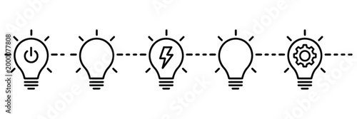 light bulb icon set, innovation and solution symbols representing creative thinking, idea generation and visualization process in vector illustration.