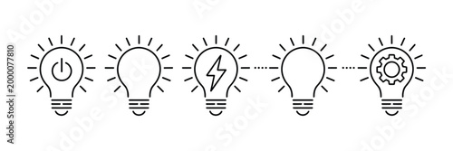 light bulb icon set, innovation and solution symbols representing creative thinking, idea generation and visualization process in vector illustration.