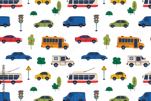 Colorful city transport seamless pattern, kids style flat cartoon cars and vehicles on streets. School bus, trolleybus, mail truck, compact car and sedan with road signs and trees vector illustration
