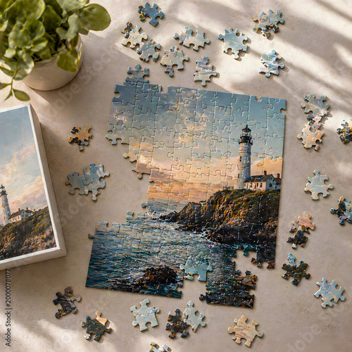 Puzzle pieces scattered around lighthouse image on tabletop with plant  