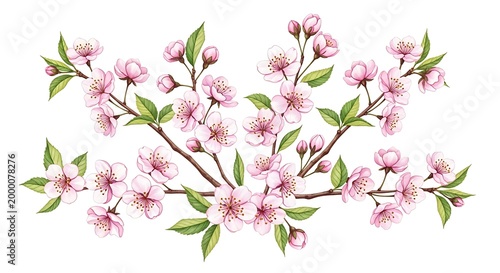 Pink cherry blossom branch with green leaves