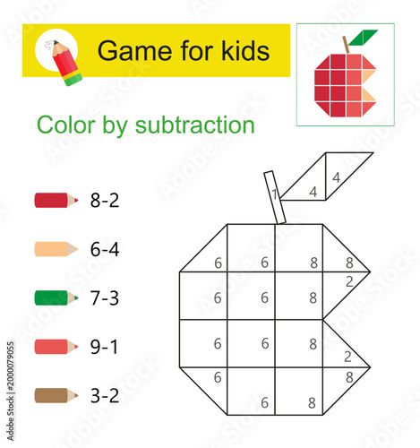 Coloring pages. Color by subtraction. Vector illustration for children education. Eaten apple