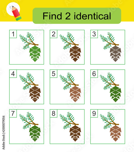 Fun puzzle game for kids. Need to find two identical pine cones. Answer is 4,8.