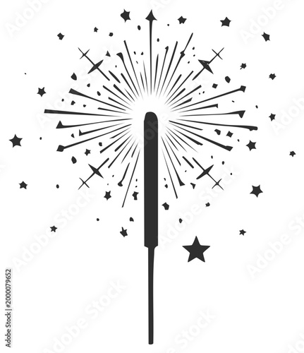 Sparkler Line Art Illustration with Starburst and Stars for Celebrations and Holiday Designs
