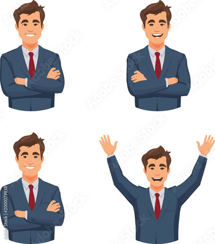 Business professional man in suit set showing various success poses and happy expressions.