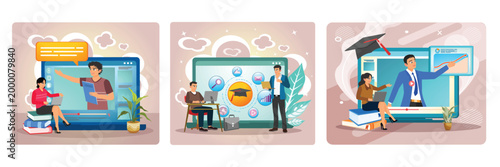 Webinar concept. Digital classroom With Students. Online teaching.