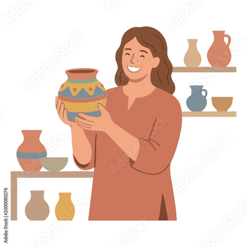 A woman holds a colorful vase in a pottery store.