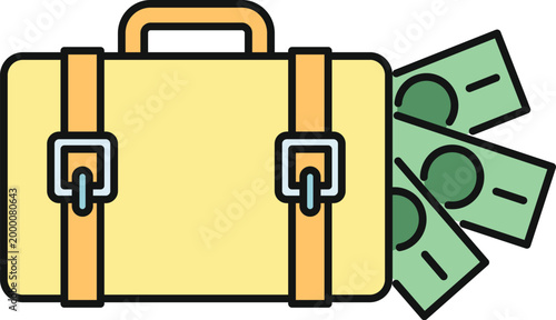 Yellow briefcase overflowing with green cash symbolizing business, investment, and success