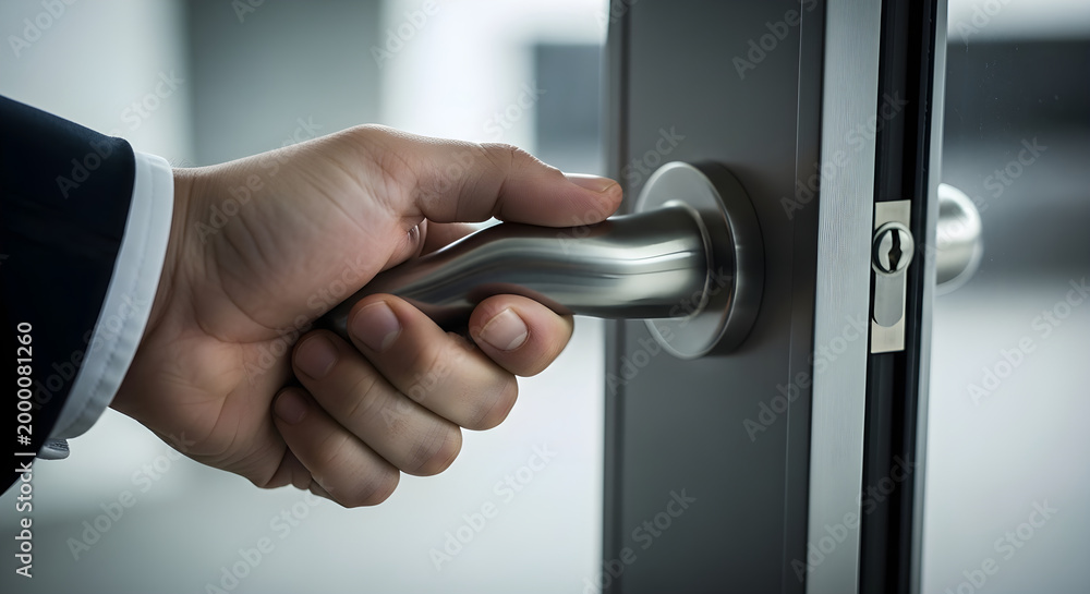 Obraz premium A hand turning a door handle suggesting entry or exit from a building