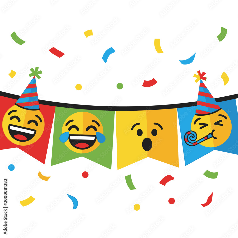 Fototapeta premium Happy Birthday Party Banner with Emojis and Confetti