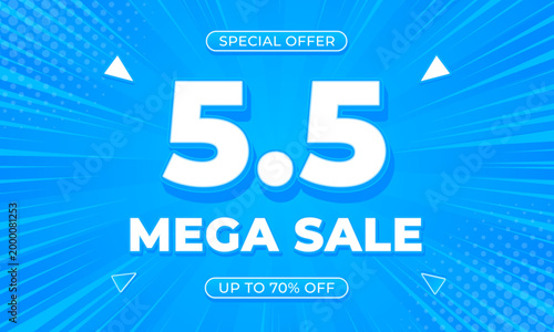 5.5 Mega sale banner template with blue comic sunburst background, up to 70% off. Suitable for sales promotions, marketing ads, e-commerce, events, websites and pages
