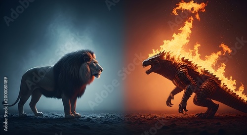 Lion Vs Fiery Dragon A Mythic Battle Of Epic Proportions Against A Dramatic Background
