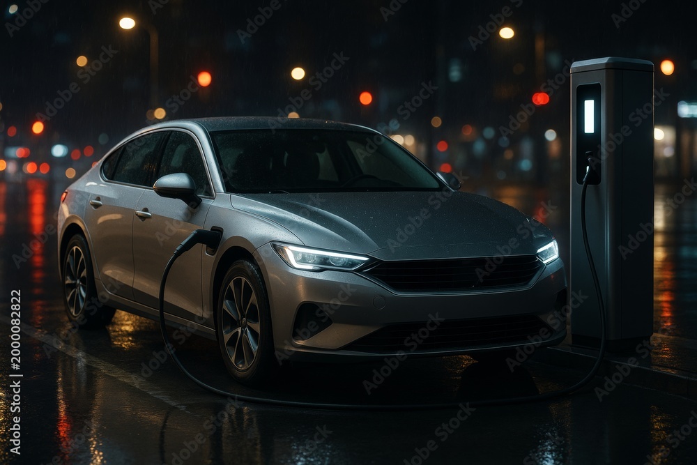 Fototapeta premium Electric vehicle charging at station during rainy night with city lights in background, showcasing sustainable transport concept. Ai generative