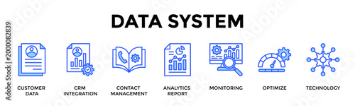 Data System  Banner Web  Icon Set Collection Pack Vector Illustration Concept Containing Customer Data, Crm Integration, Contact Management, Analytics Report, Monitoring, Optimize, Technology