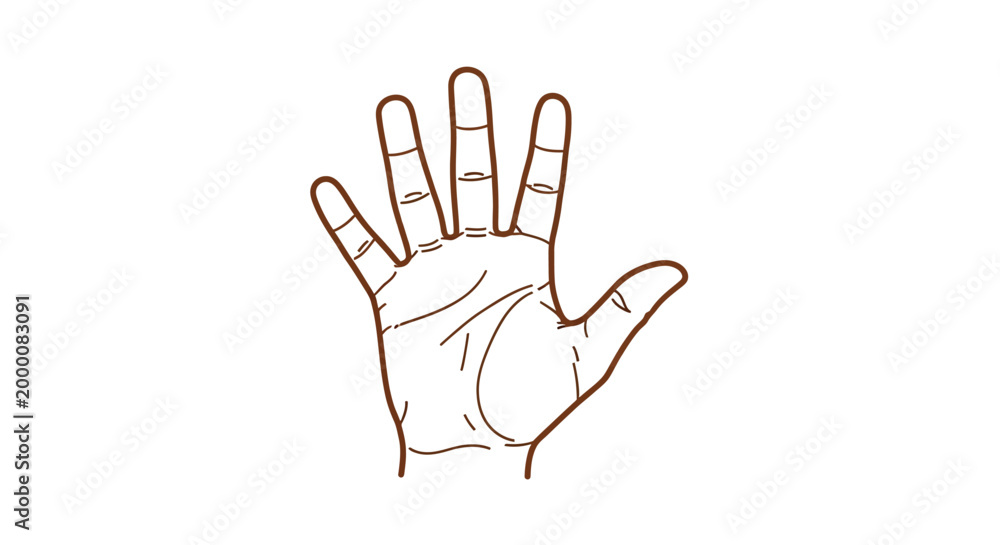 Obraz premium Vector illustration of a human hand, palm open, showing five digits or a stop gesture.