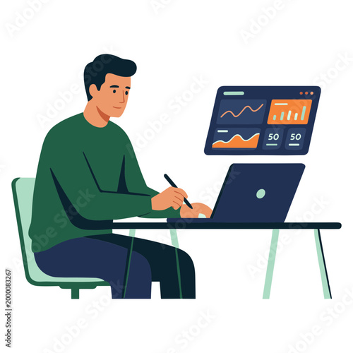 Man working on laptop with data charts while sitting