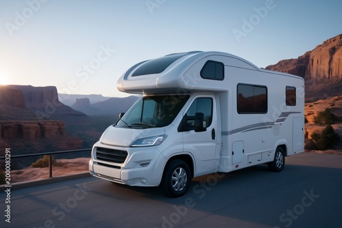 Modern camper van parked on scenic desert road during sunset with rocky canyon landscape in the background, symbolizing freedom and travel. Ai generative