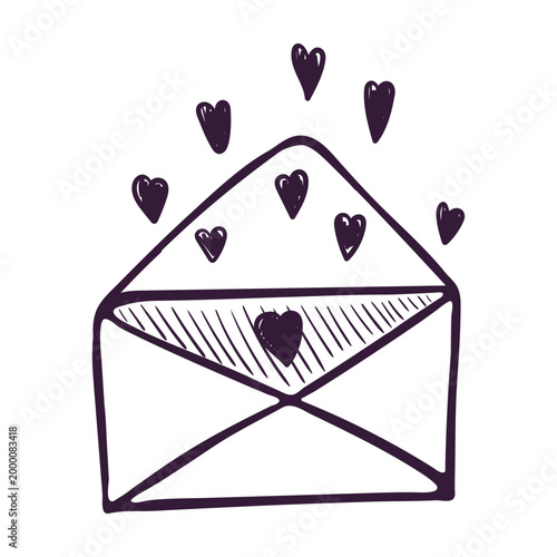 Open envelope with hearts in hand drawn style. Vector illustration isolated on white background
