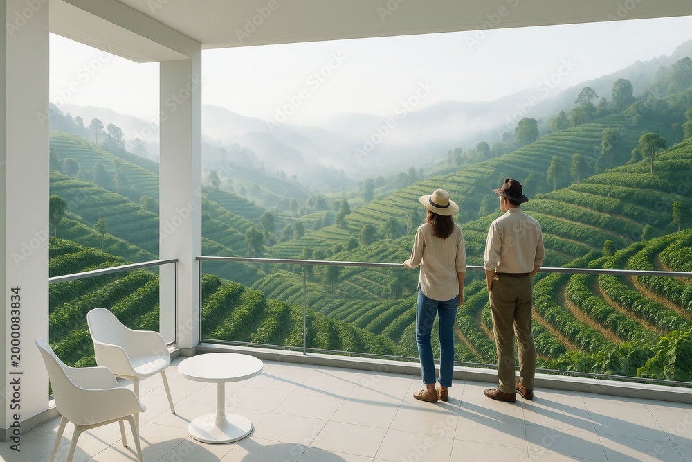 Fototapeta premium Couple enjoying scenic view of terraced green hills from modern balcony in soft morning light, peaceful nature travel background concept.