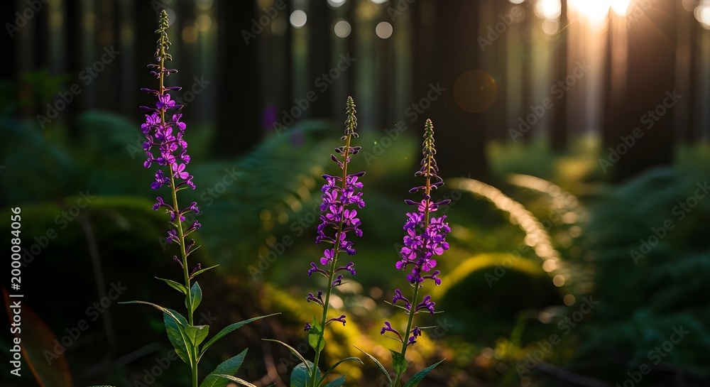 Obraz premium Purple Wildflowers Blooming in the Sun-Dappled Forest With Soft Bokeh