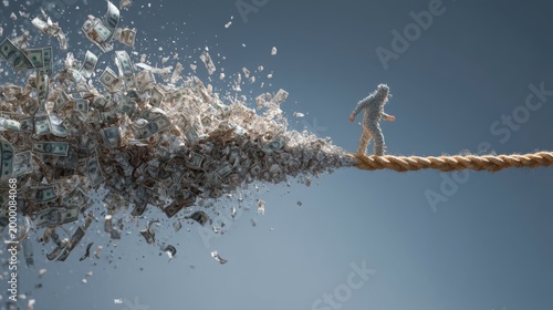 Critical Financial Risk Concept, Person Balancing on Dollar Bill Rope Breaking Mid-Air at the Moment Before Collapse, Symbolizing Market Instability, Cinematic Freeze Frame with Copy Space