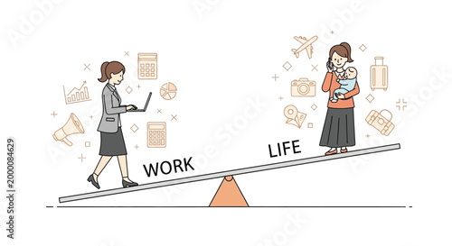 Woman balancing work and life with a laptop on one side and baby on the other