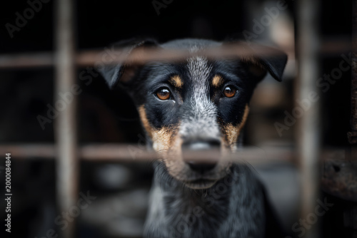 犬のかわいそうで悲しい表情。檻の中で保護犬里親募集のコンセプト