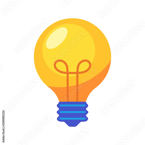 Bright yellow light bulb with glowing filament. Symbol of innovative idea and creative inspiration. Vector illustration for business innovation and thinking concepts