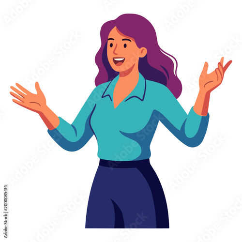 A smiling woman with purple hair gestures expressively in a cartoon illustration.