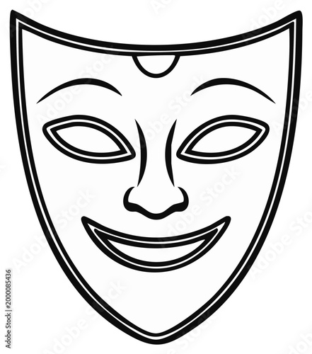 Outlined theatrical mask represents drama and comedy with simple expressive facial features evoking performance and emotions.