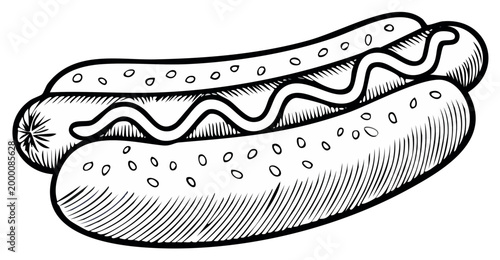 Classic Hot Dog Sketch with Mustard Topping and Sesame Seeds on the Bun, Illustrative Style, Food Theme