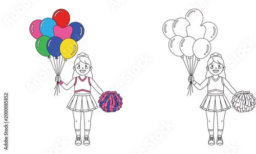 Cute cheerleader girl holding colorful balloons and pom-pom. Coloring book page with colored example for kids activity.