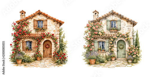 A charming watercolor set of Italian stone houses featuring rustic front doors flower gardens wooden shutters and terracotta roofs illustrated in a natural countryside style.