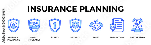 Insurance Planning  Banner Web  Icon Set Collection Pack Vector Illustration Concept Containing Personal Insurance, Family Insurance, Safety, Security, Trust, Prevention, Partnership