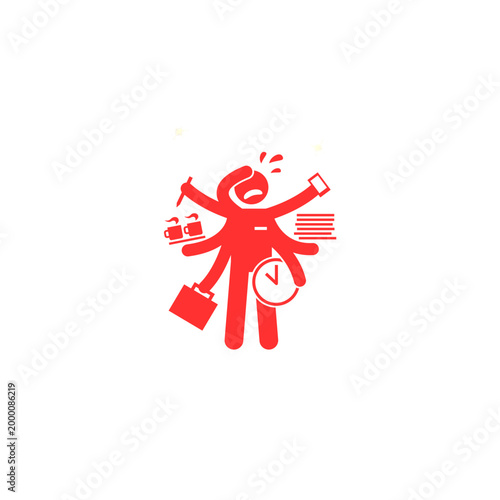 Overwhelmed worker balancing multiple office responsibilities and tight deadlines represents the intense pressure of corporate life through a bold red stick figure icon that effectively captures the f