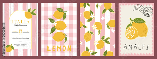 Mediterranean lemon card set. Summer citrus backgrounds with Amalfi lemons, floral elements, invitation templates, striped and checkered designs, aesthetic vector illustrations