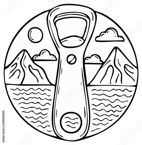 Bottle opener with mountain landscape design. Outdoor concept illustration.