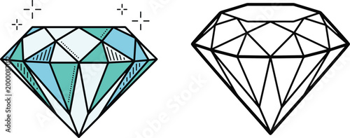 Vector illustration of two diamond styles, one colored blue with sparkles and the other as a clean outline, showcasing gemstone design variations in a flat style.