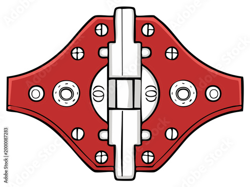 Close-up mechanical hinge with red metal plates and silver fasteners.