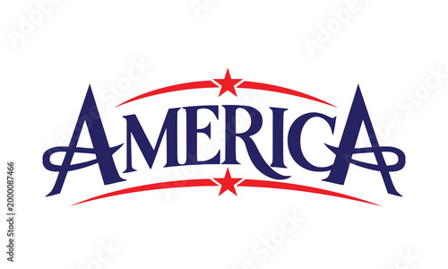 America Typography Logo with Patriotic Red Stars and Swoosh Elements on White Background