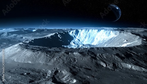 Vast lunar crater filled with ice on the Moons surface with Earth in the background.