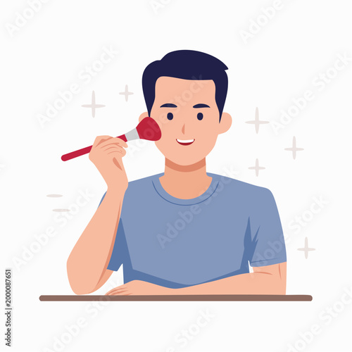 Man Applying Makeup with Blush Brush
