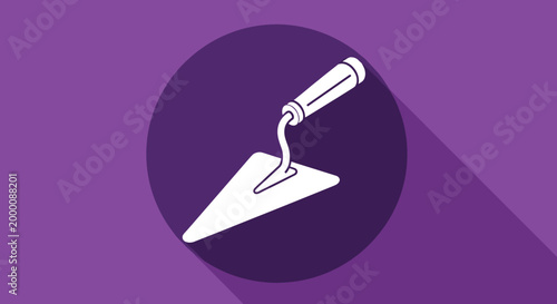 White silhouette icon of a masonry trowel is placed within a dark purple circle with a long shadow effect on a lighter purple background.