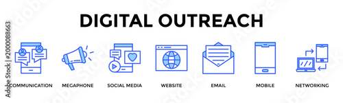 Digital Outreach  Banner Web  Icon Set Collection Pack Vector Illustration Concept Containing Communication, Megaphone, Social Media, Website, Email, Mobile, Networking