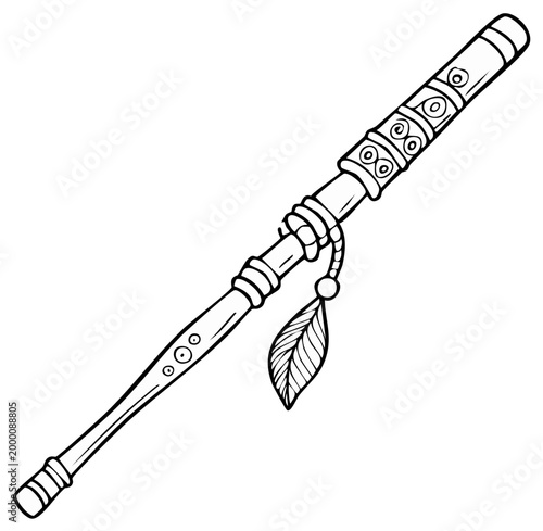 Hand-drawn illustration of a decorative staff with feather and tribal patterns