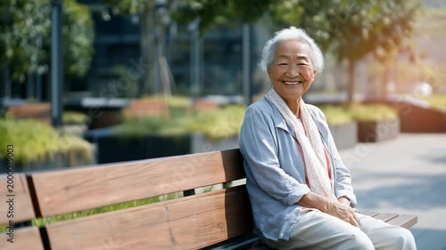 Elderly asian female sitting on a park bench smiling in bright daylight, urban outdoor portrait conveying friendliness, health and serene confidence