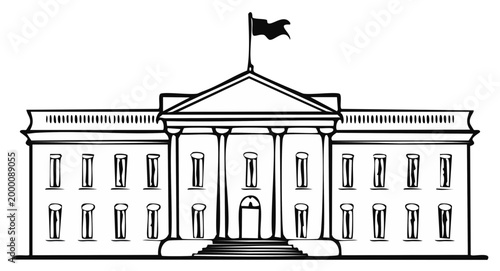 Illustrated architectural drawing of a grand building with pillars and a flag