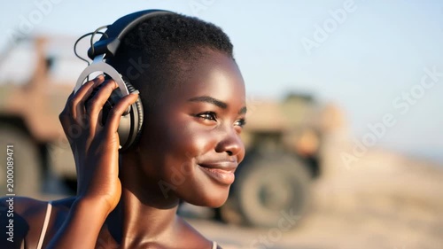 African female adult portrait listening headphones touch thoughtful closeup beach golden sunset glow relaxed atmosphere