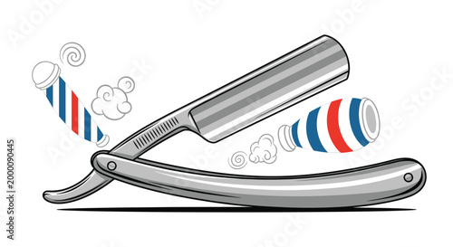 Classic straight razor for shaving is depicted with barber poles and soap bubbles in a stylish black and white illustration.