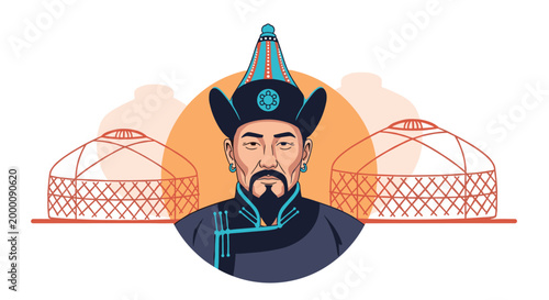 Portrait of a Mongolian man in traditional ethnic dress and a tall hat is set against a background of yurts and the sun.
